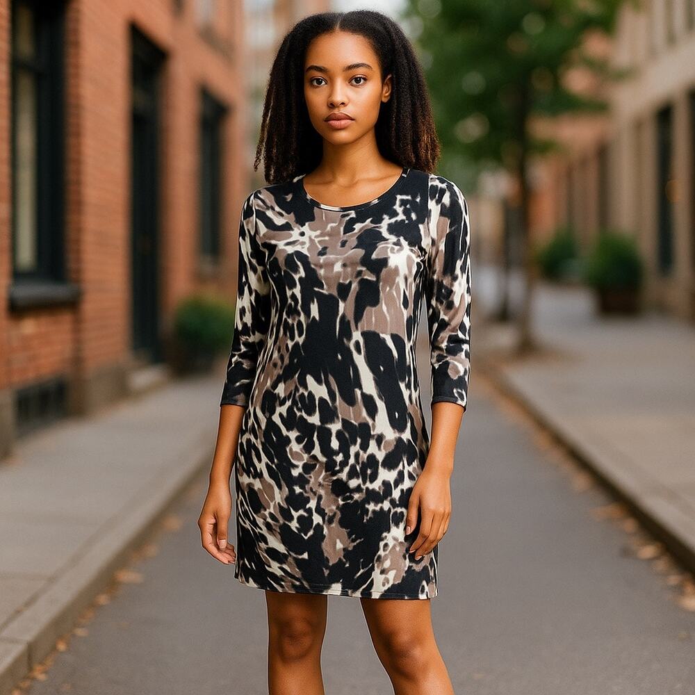kensie Womens Dress Size XS Black Brown Off White Abstract Animal Print‎ NEW